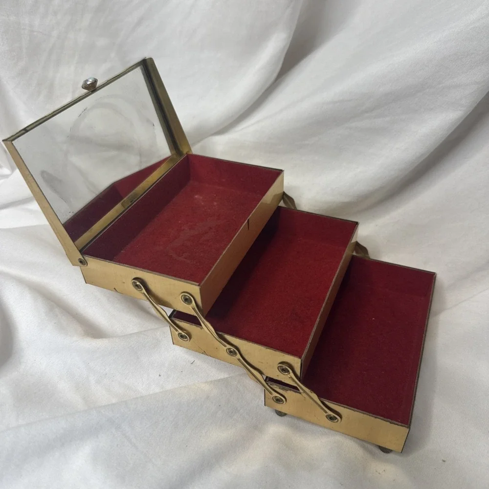 Vintage Brass Travel Rhinestone Jewelry Box Gold Tone New York Regency Fold